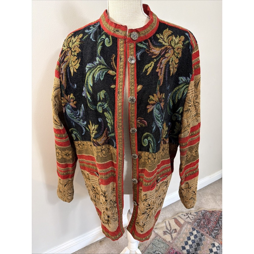 VTG Sag Harbour Women's Tapestry Brocade Button Up Jacket Red Blue Artsy Boho 16